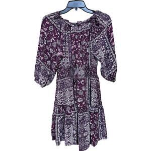 Studio 1886 Dress Women XL Purple Pink White Floral Boho Rayon Smocked Waist